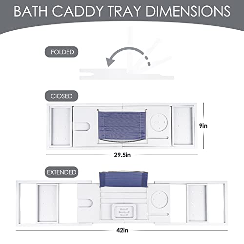 Foldable Bathtub Caddy Tray, Bamboo Bath Tub Tray Table for Tub with Wine Glass Holder Book Phone Tablet Holder with Extending Sides, Adjustable Bathroom Bathtub Free Soap Holder Gift Idea (White) - color: White