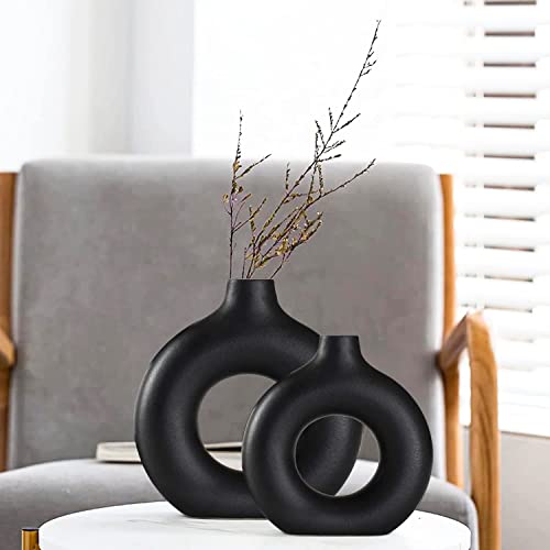 Black Ceramic Vases Set of 2, Modern Design for Home Decor,Black Style for Pampas Grass Matte Ceramic Vase for Farmhouse Living Room Kitchen Bedroom Mantle Coffee Dining Table Decoration - color: Black, size: Small + Big