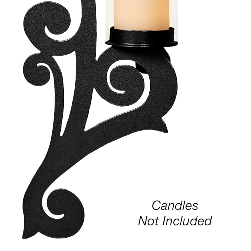 Augustine Scrollwork Black Candle Wall Sconce Pair | Metal Designs with Included Hurricane Style Glass Candleholder - color: Black