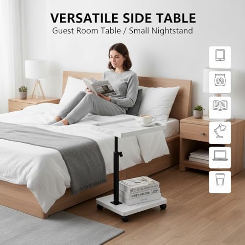 C Table End Table Adjustable Height,C Shaped End for Couch，Snack Tables,360°Swivel TV Tray Sofa Table,Tables that Slide Under,Coffee SideTable for Bed,Chair,Bath-tub (White Grain Color) - color: White Grain Color