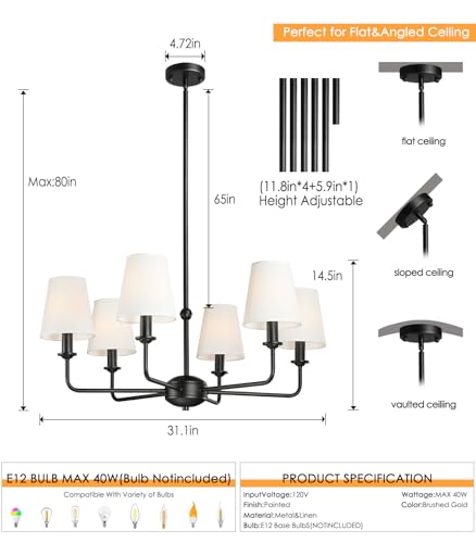 6-Light Black Pendant Chandelier with Fabric Shades, E12 Base - Farmhouse & Industrial Style for Kitchen, Living Room, Dining Room, or Bedroom Lighting - color: 6 Light+Black