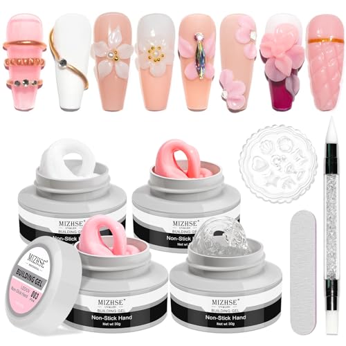 MIZHSE 3D Nail Gel Nail Art Sculpture, Non-Sticky 4 Colors Solid Builder Gel Nude Clear White Pink Hard Builder Nails UV LED Molding Gels Nail Extension for Salon Manicure Home DIY - color: 0-0-Classic Colors