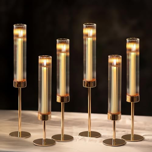 NUPTIO Hurricane Candle Holder for Centerpiece: Set of 6 Tall Candle Stick Holder with Ribbed Glass Cover - Bulk Fluted Taper Candlestick Decor for Living Room Thanksgiving Christmas - color: Ribbed, size: 6pcs