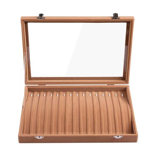 Frebeauty 15 Hooks Necklace Tray Velvet Neckalce Organizer with Clear Lid Lockable Necklace Holder Box Jewelry Organizer for Pendants Chains Necklace Jeweley Tray for Women Girl (Camel) - color: Camel