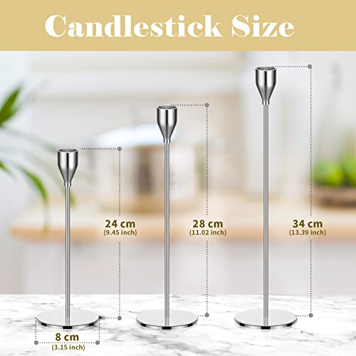 Potchen 27 Pack Silver Candles Holder, 9 Sets Metal Taper Candlestick Holders Fit 0.75 Inch Thick Pillar Candles, Vintage Modern Candle Sticks Centerpiece Decor for Wedding Home Dinning Anniversary - color: Silver