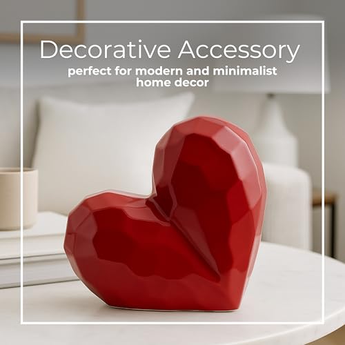 Decorative Ceramic Heart Sculpture for Home Decor - Ornaments for Bathroom, Office, and Living Room Decor - Modern Figurine Accent for Bedroom, Shelf Display, and Coffee Table - 8", Red - color: Red, size: 8x3x8