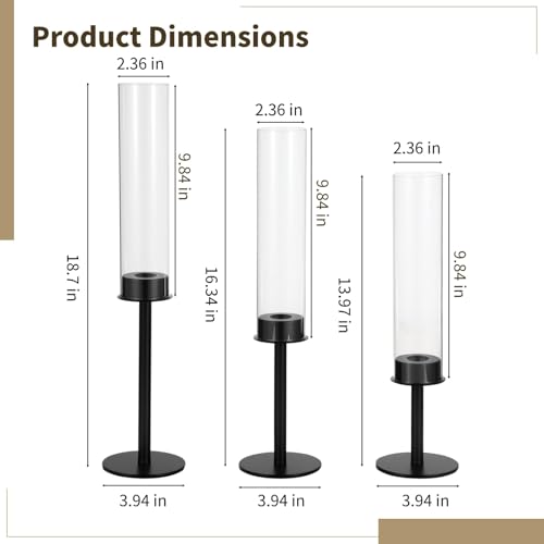 3 Pcs Black Hurricane Candlestick Holders, Metal Taper Candle Holder Set, Tall Glass Cylinder Design, 13.97 to 18.7 in Decorative Table Centerpieces for Wedding, Dining, and Fireplace