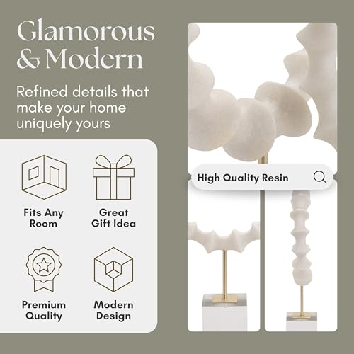 Set of 2 Previse Statuary Decorative Object – Metal, Resin, Glass & Crystal Modern Home Decor Sculptures – Shelf & Coffee Table Decor for Office & Living Room – 15" & 18", White