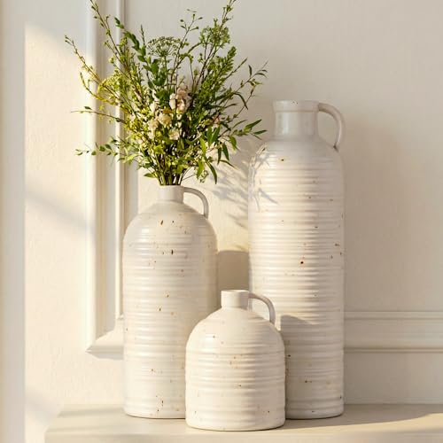 Firehold Ceramic Vase Set of 3, Rustic Home Decor Vases for Modern Farmhouse, White Boho Flower Vases for Shelf, Mantel, Table Decor, Small Decorative Vase for Dried Flowers & Pampas Grass - color: 01-white