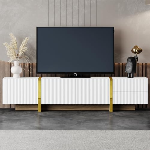 ON-TREND Luxury Fluted TV Stand for TVs Up to 80'', Modern Entertainment Center with Storage Cabinets & Drawers, Smooth Media Console with Golden Wood Grain Legs for Living Room, White - color: White4