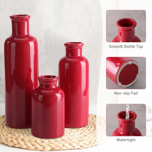 Small Ceramic Vase Set of 3, Boho Modern Flower Vase Room Decor, Farmhouse Decor, Vases for Your Kitchen, Bathroom, Bedroom, Living Room, Office&Shelf Centerpiece Table Decorations, Red - color: Red