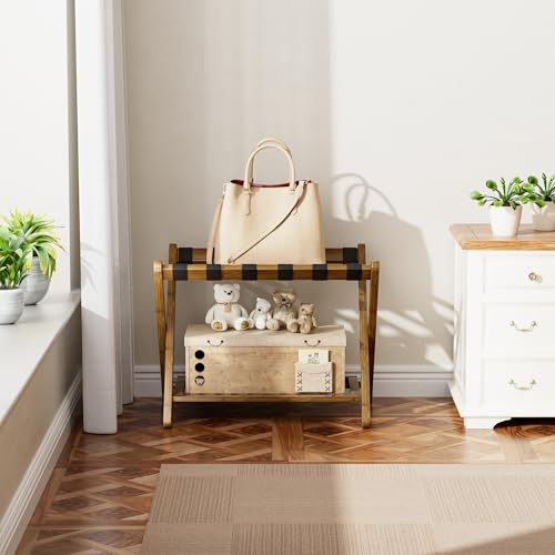 SMIBUY Luggage Rack, Foldable Bamboo Suitcase Stand with Storage Shelf for Guest Room, Bedroom, Hotel, Heavy-Duty, 1 Pack (Walnut) - color: Walnut