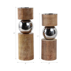 Modern Wood and Stainless Steel Candle Holders - Pillar Candlestick Holders for Table Centerpiece, Shelf, or Bedroom Decor - Decorative Candle Stand Holders for Home Decor Set of 2-13", 11" Tan