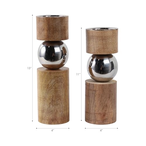Modern Wood and Stainless Steel Candle Holders - Pillar Candlestick Holders for Table Centerpiece, Shelf, or Bedroom Decor - Decorative Candle Stand Holders for Home Decor Set of 2-13", 11" Tan