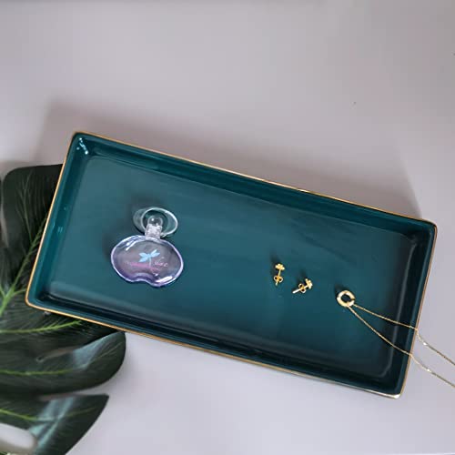 10 x 5 Ceramic Bathroom Tray for Countertop, Decorative Vanity Tray for Dresser Tops, Small Rectangular Trays for Perfume, Candle, Jewelry, Cosmetics (Green) - color: Green