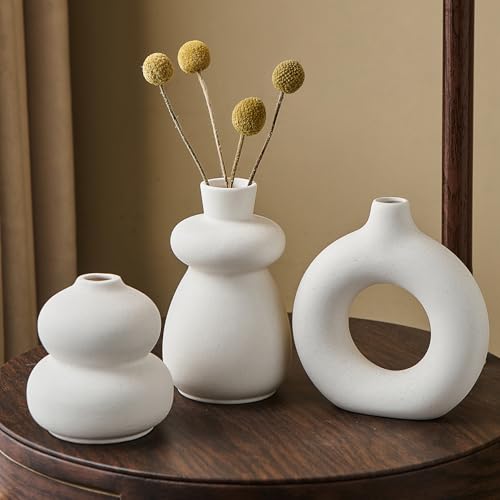 White Ceramic Vase Set of 3 Small Flower Vases for Home Decor, Modern BohoVase for Pampas Grass, Round Decorative Vases Table Centerpieces for Wedding Living Room Shelf Coffee Table (White Vase - A) - color: White Vase - a