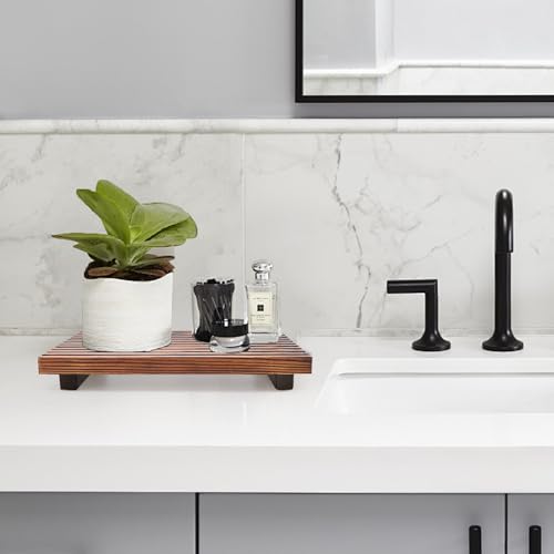 Renawe Farmhouse Bathroom Counter Tray Wood Display Pedesta Stand Kitchen Countertop Trays Decorative Wooden Riser Dish Soap Dispenser Holder for Bathroom Sink Accessories Kitchen Decor Vanity Tray - color: Brown, size: 12x6.7 inch
