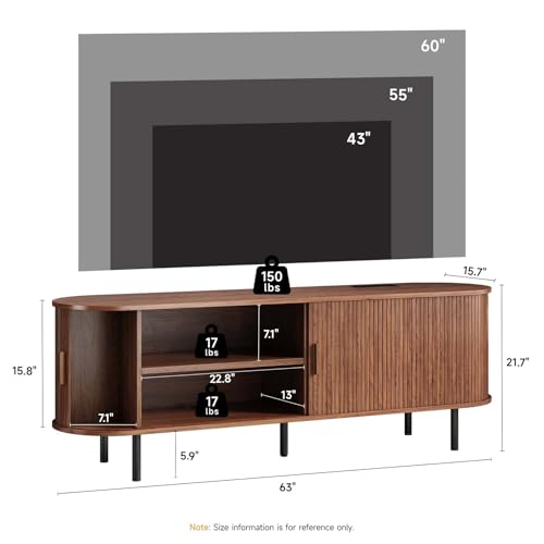 63" Fluted TV Stand with Power Outlet, Modern Media Console with Sliding Doors, Entertainment Center for TVs up to 60 Inch, Adjustable Shelves, Walnut - color: Walnut, size: 63 Inch