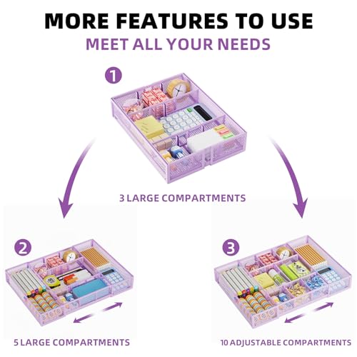 Marbrasse Expandable Desk Drawer Organizer, Mesh Drawer Organizer Tray with 10 Adjustable Compartments, Desk Organizers and Accessories for Office Supplies, Makeup & Vanity (Expandable-Purple) - color: Expandable-Purple