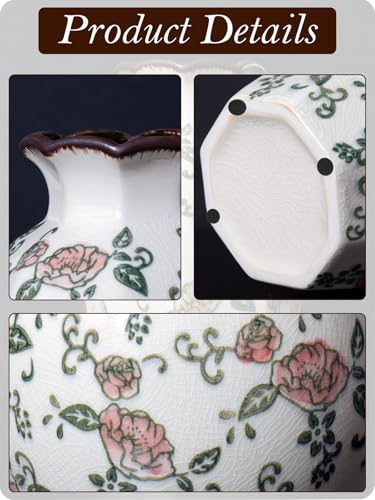 Vintage Ceramic Vase - 9 Inch Hand-Painted Roses with Ice Crackle Glaze Finish, American Farmhouse Style Pitcher Vase for Home Decor, Centerpiece, Shelf, Table, Office, Rustic Wedding Gift - color: Beige and Red-003