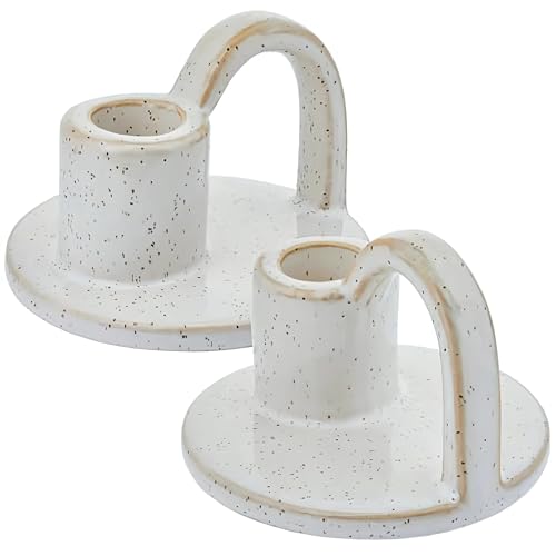Ceramic Taper Candle Holders with Handle (Set of 2) – Tall Candlestick Holders for Table Decor Centerpieces, Rustic Home Décor, and Dinner Table Styling Glazed White - color: White