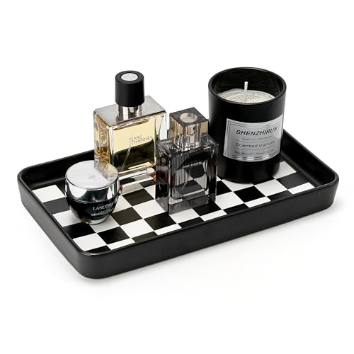 10"×6"×1" Texture Checkered Surface Bathroom Vanity Tray for Countertop- Ceramic Decorative Organizer Tray for Dresser Top, Toilet, Perfume, Sponge Holder Soap Dish Dispenser for Kitchen Counter - color: Black Color With Checkered Pattern-1 Pc