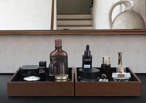 HofferRuffer Faux Leather Vanity Tray, Elegant Desktop Storage Organizer, Decorative Catchall for Perfume, Bathroom Valet, Nightstand or Dresser, 8 x 8 x 1.8 inches (Brown) - color: Brown, size: 8" x 8" x 1.8"