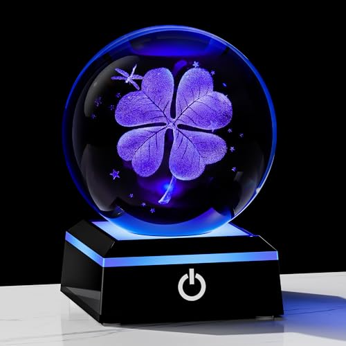 Qianwei 3D Four Leaf Clover 80mm Crystal Ball Good Luck Gifts Ideas with Multicolor Lighting Base - Irish Gifts for Women Decor 4 Leaf Clover - style: Clover