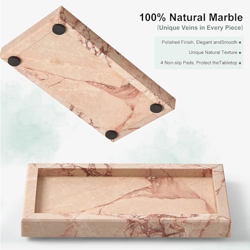 Natural Small Marble Vanity Tray, Luxury Stone Organizer for Bathroom & Kitchen | Holds Soap Dispenser, Jewelry, Perfume | Non-Resin, Non-Ceramic Décor - color: Pink, size: 7.9" x 4.3" x 0.8"
