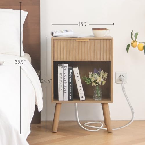 Fultyle Wood Nightstand with Charging Station, Bedside Table with Fluted Drawers and Outlet, Boho Night Stand for Bedroom, Living Room, Office (Rustic Walnut) - color: Rustic Walnut With Charging Station