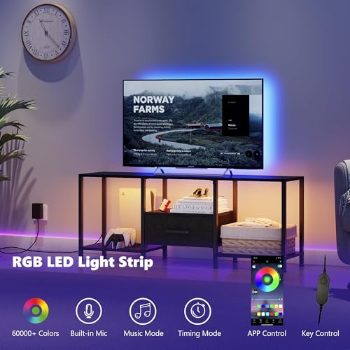 JARHETUN TV Stand with LED Lights, Entertainment Center with Open Shelves and Fabric Drawer, Media Console for 55 Inch TV, Television Stands for Living Room, Bedroom, Black - color: Black With Led Light, size: 46.1 Inches