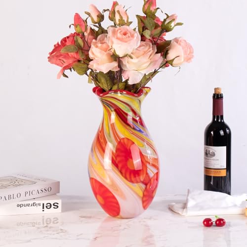KAMMAK Colored Glass Vase, Beautiful Hand Blown Decorative Vase, Modern Art Vase for Flower Mantle Dining Table Centerpiece, Entryway Living Room Wedding Decoration, SKQ017 - style: SKQ017