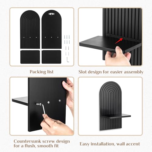 Black Boho Candle Sconces Decor: Set of 2 Wood Mid-Century Wall Candle Holder for Hallway Fireplace Bedroom - Arch Wall Shelf for Plants Pillars Candles - color: Black