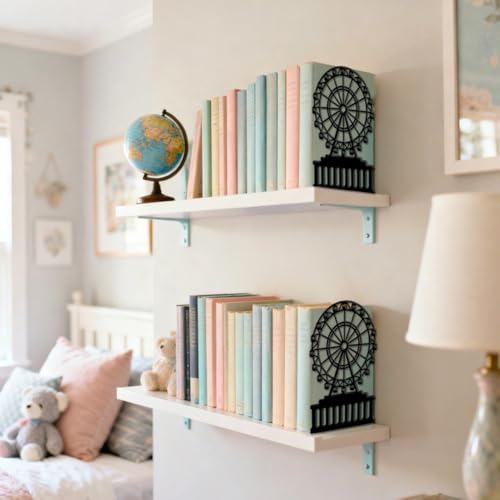 Peacoblue Metal Bookends for Shelves, Modern Decorative Heavy Duty Study Book Ends Stoppers for Office, Desk, Shelf, Room 5.3"x4.3"x7.9" Cast Iron Simple Tall Bookends 1 Pair (Ferris Wheel) - style: Ferris Wheel
