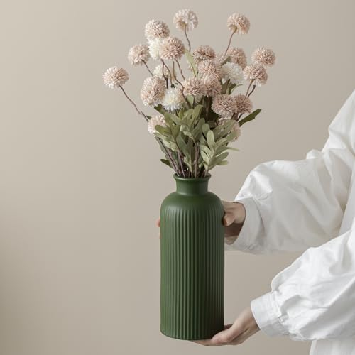 Green Ribbed Ceramic Vase for Flowers, Modern Textured Decorative Vase, 10 Inch Tall, 4 Inch Width, Farmhouse Style Home Decor (Matte Glaze Green) - color: Green