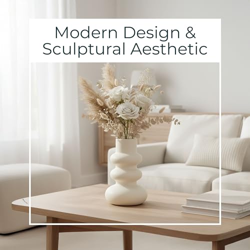 Stoneware Decorative Vase – Flower Vases for Fresh or Dried Stems, Living Room, Entry, or Office Accent, Modern Home Decor Sculptural Design With Soft Curves – 10" – Ivory White