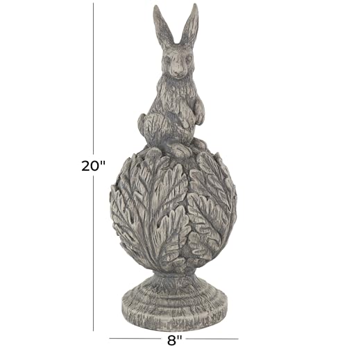 Deco 79 Polystone Rabbit Textured Sculpture with Leaf Covered Round Base, 8" x 8" x 20", Gray - size: 8" x 8" x 20"
