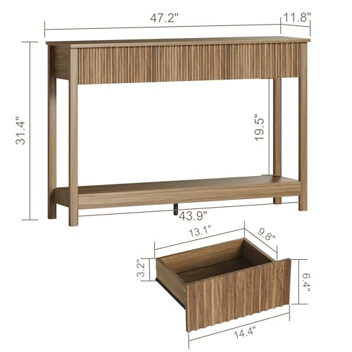 Treocho 47" Console Table with Drawers, Fluted Narrow Entryway Table with Open Shelf, Farmhouse Sofa Table Behind Couch for Hallway, Living Room, Brown - color: Brown