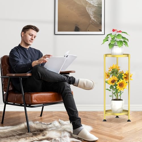 KMOTASUO 2 Tier Plant Stand Indoor for Large Tall Heavy Duty Planter, Multiple Sturdy Metal Flower Corner Rack for Narrow House Floor, Iron Vertical Level Round Orchi Holder Organizer, Gold - color: Gold, size: 2 Tier