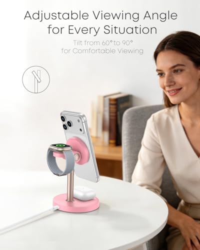3 in 1 Magnetic Wireless Charging Station, 15W Fast Charger Stand for iPhone, Phone Charger Stand for Desk Nightstand, for iPhone 17/16/15/14/13/12, Apple Watch & AirPods, Adapter Not Included -Pink - color: Pink