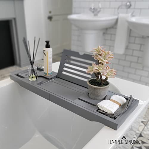 Temple Spring Bamboo Bathtub Tray Caddy for Tub — Expandable Wood Bath Tray with Solid Book Stand Wine Holder and Non-Slip Pads — Includes Bamboo Soap Dish and Spa Accessories — Luxury Bath Gift Set - color: Gray