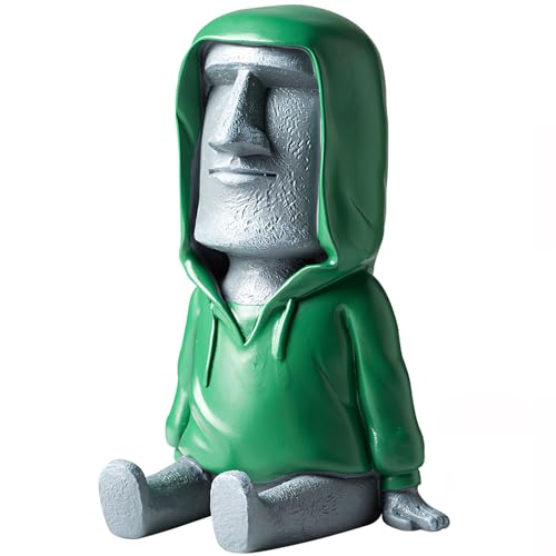 Moai Statue Phone Holder - Creative Easter Island Desk Stand for Cell Phone & Pen, Resin Desktop Organizer with Green Hoodie Design for Office Home Decor - color: Gray