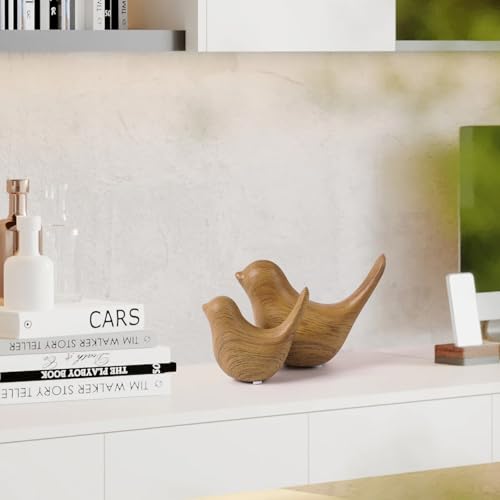 Elegant Wood Look Small Bird Sculptures,Modern Abstract Art Pieces for Bookshelf Decor, Coffee Table Decor, and Luxury Home Decor Accents(2Pcs Set) - color: Wood Look