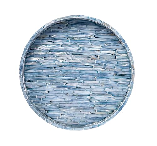 PEMAR 12.6” Mother of Pearls Lacquer Inlaid Round Serving Tray with Handles, Round Decorative Nacred Wooden Ottoman Coffee Table Tray (Blue Tiles) - color: Blue Tiles