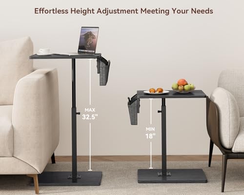 Vagusicc Sofa Armrest Tray Table for Couch, 360° Swivel Height Adjustable TV Tray Table for Small Spaces, Snack Side Table for Couch, Bed, Chair, C Shaped End Side Table for Eating, Reading, Laptop - color: Gray Walnut, style: With Storage Bag