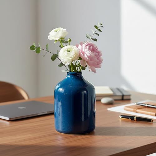 Sunddo Blue Flower Vase - 7 Inch Ceramic Decorative Vase - Rustic Farmhouse Vases for Home Decor, Shelf Decor, Dresser, Living Room, Office Desk Decoration - color: Dark Blue, size: 7 inch