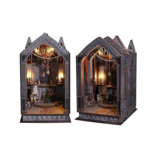 Book Nook DIY Gothic Miniature Kit, Wooden Rolife Miniature Kit with 3D Structure and Bookend Design for Adults, DIY Miniature House Kit for Bookshelf Decor and Gift
