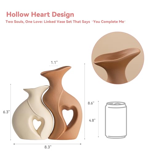 Heart Linked Couple Vase Set - 2-Pcs Beige & Brown Ceramic Vases with Hollow Heart Design, Romantic Gifts for Couples, Wedding Decor for Couple,Decorative Vase for Living Room/Dresser - color: Heart Linked Couple