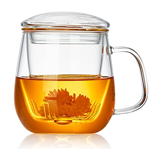DOPUDO Glass Tea Cup with Infuser and Lid, 17.6oz/520ml Large Borosilicate Teacup,Tea Glass, Clear Mug for Loose Leaf Tea, Blooming Tea, Microwave & Dishwasher Safe - Tea Maker Gift for Birthday. - size: 1 Count (Pack of 1)