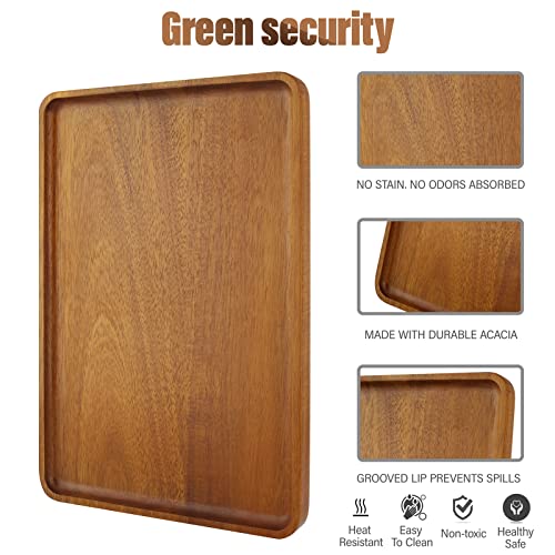 2 PCS 13 x 9 in Solid Acacia Wood Serving Trays Rectangular Wooden Serving Platters Natural Wooden Boards for Bar Coffee Party - color: Brown, size: 13 * 9 inch